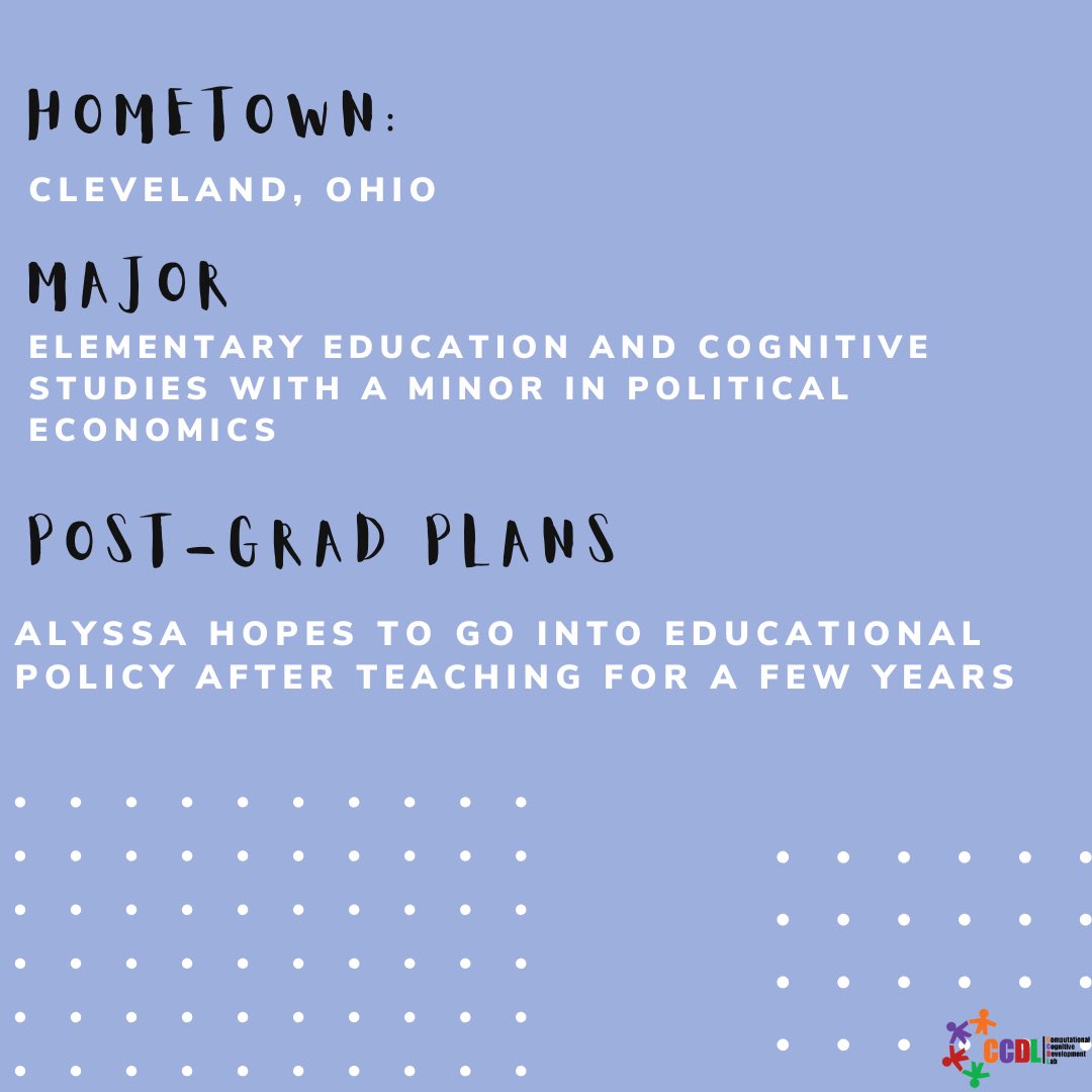 Today we'll be introducing our newest lab members for the 2024 fall semester! First, meet Alyssa from Cleveland, Ohio. Alyssa has plans to go into educational policy after teaching. She enjoys hiking, trying new restaurants, and volunteering and touring at local museums!
