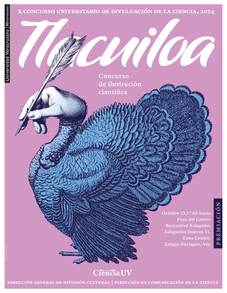 ¡Llegó el momento más esperado! 
Nos complace invitarles a la premiación del X Concurso Universitario de Divulgación de la Ciencia, Tlacuiloa 2024. Podrán  conocer las ilustraciones ganadoras. 
Miércoles 23 de octubre
Foro del Centro Recreativo Xalapeño
17:00 h.