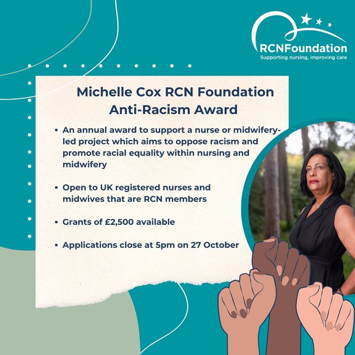 ✅Are you a UK registered nurse or midwife?
✅Are you a member of the Royal College of Nursing?

Why not apply for the Michelle Cox RCN Foundation Anti-Racism Award and see how you can make a difference within nursing and midwifery: bit.ly/4eAf2X0

#BlackHistoryMonth