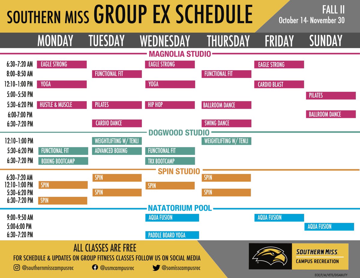 Here is our updated GROUP EX
SCHEDULE!!! All classes are FREE; come join us!
#SMTTT #CampusRecreation #FindYourFit