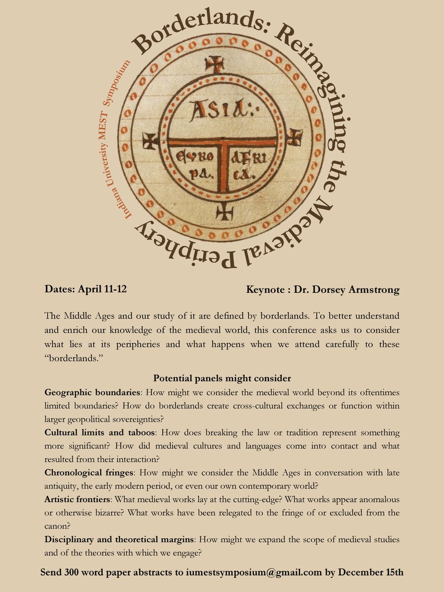Hispano-medievalists take note of teh CFP:
Borderlands: Reimagining the Medieval Periphery,
MEST Symposium, Indiana University Bloomington
April 11-12; Proposals for 20-minute papers or for complete panels should be submitted to iumestsymposium@gmail.com by December 15th, 2024.