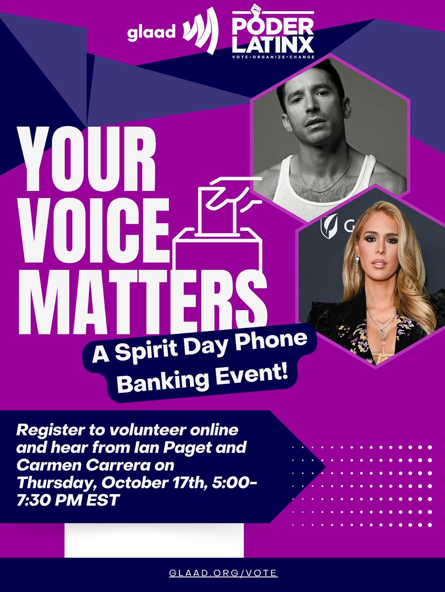 PoderLatinx's tweet photo. 💜 This Thursday, October 17th, GLAAD & #PoderLatinx are teaming up to support LGBTQ youth & get out the vote! Celebrate #SpiritDay by going purple and standing up for trans & nonbinary youth. 📞 Volunteer from home! https://t.co/Q5eubKcgAo #SpiritDay #VoteWithPride #LGBTQVoices https://t.co/H3aOup9bFj