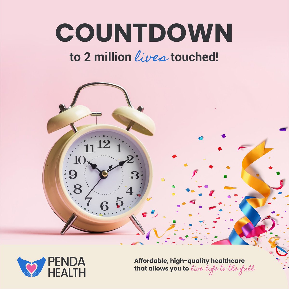 The countdown begins!!! 🥳 🎉 🎊 

In a few days, we will be celebrating our 2 millionth life touched by Penda’s affordable, high-quality care! 

Thank you to everyone who has been part of our journey!
#2millionlivestouched
#livelifetothefull
#2million