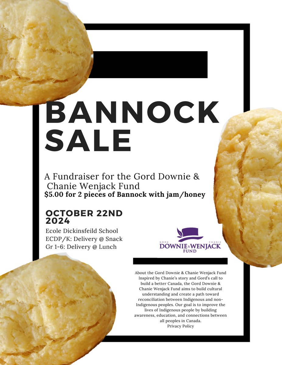 Dickinsfield (@dickinsfield) on Twitter photo On October 22nd, there will be a bannock sale compliments of Candace and our FNMI Student Leaders.All students and staff are invited to purchase some delicious bannock with butter or honey/jam for $5.
All proceeds will be donated to the <a href="/downiewenjack/">Downie Wenjack Fund</a>.
ORDERS DUE MONDAY OCT 21ST! On October 22nd, there will be a bannock sale compliments of Candace and our FNMI Student Leaders.All students and staff are invited to purchase some delicious bannock with butter or honey/jam for $5.
All proceeds will be donated to the <a href="/downiewenjack/">Downie Wenjack Fund</a>.
ORDERS DUE MONDAY OCT 21ST!