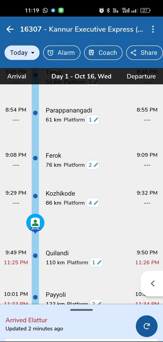 kannurjo's tweet photo. @AshwiniVaishnaw @RailMinIndia @GMSRailway train# 16307 delayed 20mts from srr and is being stopped twise in between for hours. Plz dnt chk the temperment of passengers https://t.co/47j5jEdZhz