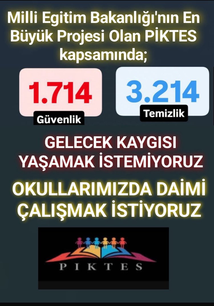 #Piktes Özel güvenlik görevlileri ve Temizlik görevlileri kadro 12 ay devamlılık istiyor.
Projeye yıllardır emek verdik artık kadro almak hakkımız.
<a href="/Yusuf__Tekin/">Yusuf Tekin</a> <a href="/cengizmete/">Cengiz Mete</a> <a href="/CelileErenOKTEN/">Celile Eren ÖKTEN</a> <a href="/mebhbogm/">MEB Hayat Boyu Öğrenme Genel Müdürlüğü</a> <a href="/chnkvnc/">Cihan KIVANÇ</a> @Piktes2Projesi <a href="/EUDelegationTur/">AB Türkiye Delegasyonu🇪🇺EU Delegation to Türkiye</a> <a href="/tcmeb/">Millî Eğitim Bakanlığı</a> <a href="/mebpersonel/">MEB Personel</a>
<a href="/alemdareyup/">Eyüp Alemdar</a>