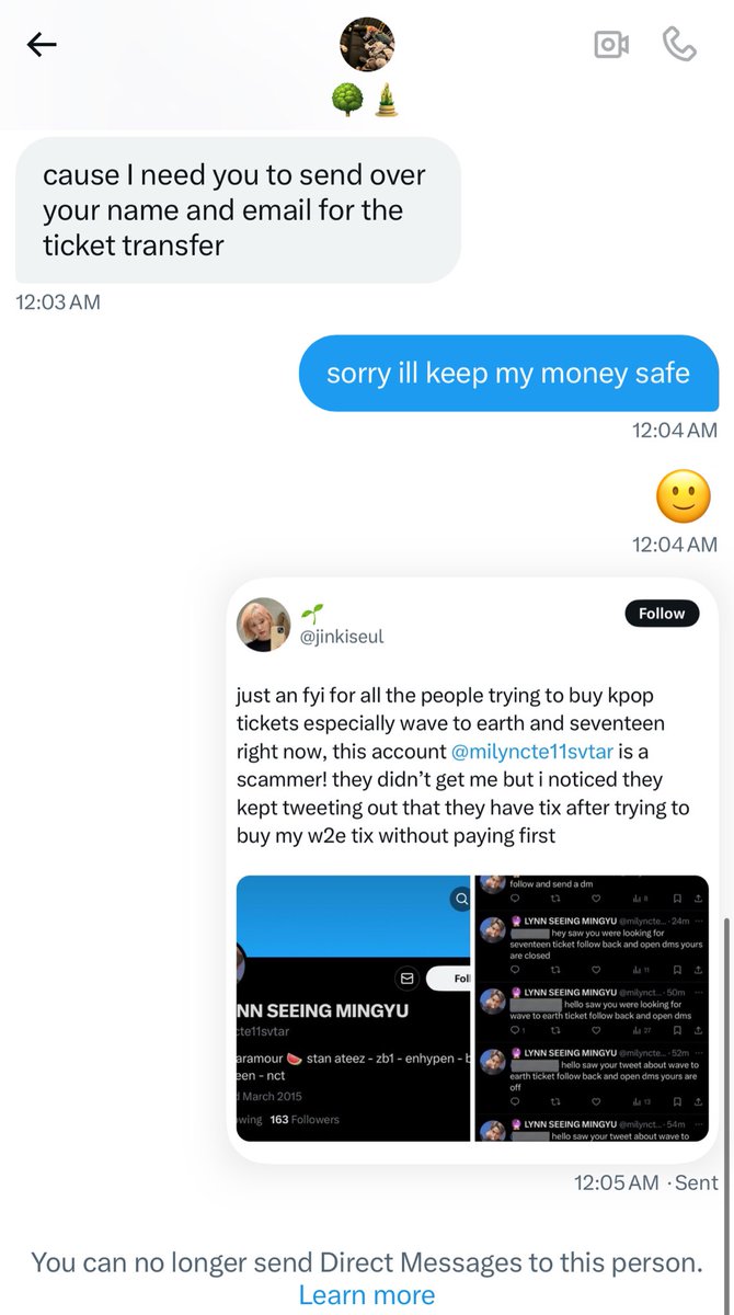 soonyogi's tweet photo. SCAMMER ‼️ @seosvtquwte ‼️

previously was @milyncte11svtar

Was looking for seventeen oakland tickets and they DMed me. Did a bg check &amp; found out theyre a scammer so I told them in DM (1st pic) 

they changed their username after 😆 will update her if they change again 🥴 https://t.co/z3dYkVpJOk