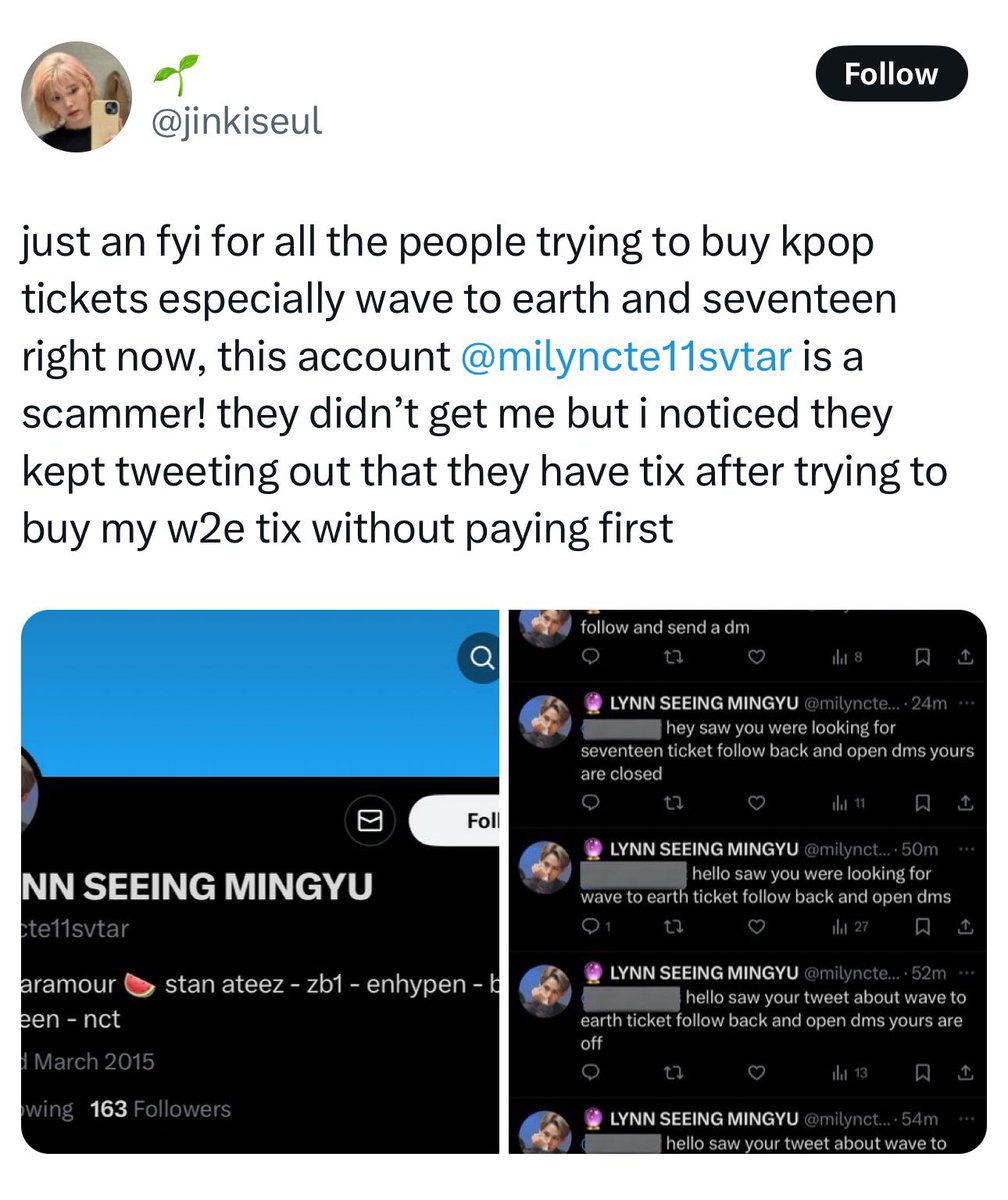 soonyogi's tweet photo. SCAMMER ‼️ @seosvtquwte ‼️

previously was @milyncte11svtar

Was looking for seventeen oakland tickets and they DMed me. Did a bg check &amp; found out theyre a scammer so I told them in DM (1st pic) 

they changed their username after 😆 will update her if they change again 🥴 https://t.co/z3dYkVpJOk