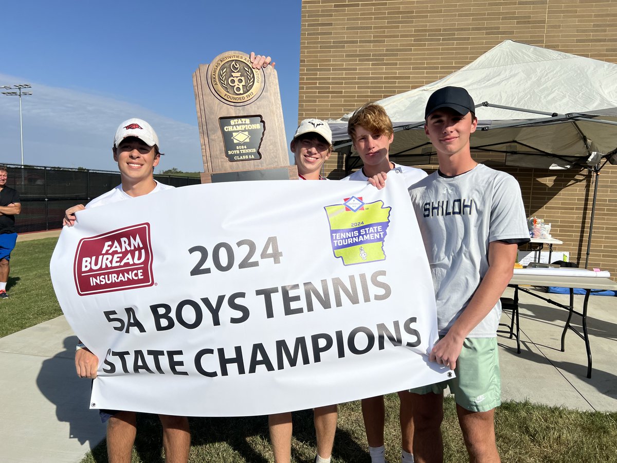 ArkActAssn's tweet photo. 5A Boys State Tennis
Team Co-Champion: Mountain Home & Shiloh Christian
Singles Champion: Justus Thurlby, Shiloh Christian
Doubles Champion: Pierce Blackmon & Finley Chafin, Mountain Home