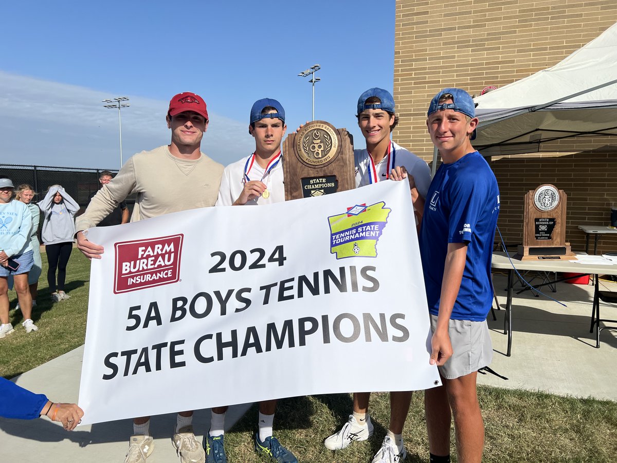 ArkActAssn's tweet photo. 5A Boys State Tennis
Team Co-Champion: Mountain Home & Shiloh Christian
Singles Champion: Justus Thurlby, Shiloh Christian
Doubles Champion: Pierce Blackmon & Finley Chafin, Mountain Home