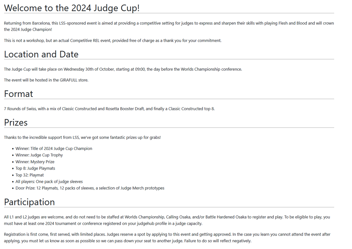 World Judge Cup 2024 is back! If you haven't applied yet you have 7 days left!
All judges are welcome and do not need to be staffed to register. To be eligible, you must have at least one, 2024 tournament or conference registered on your profile.
First come, first served! #fabtcg
