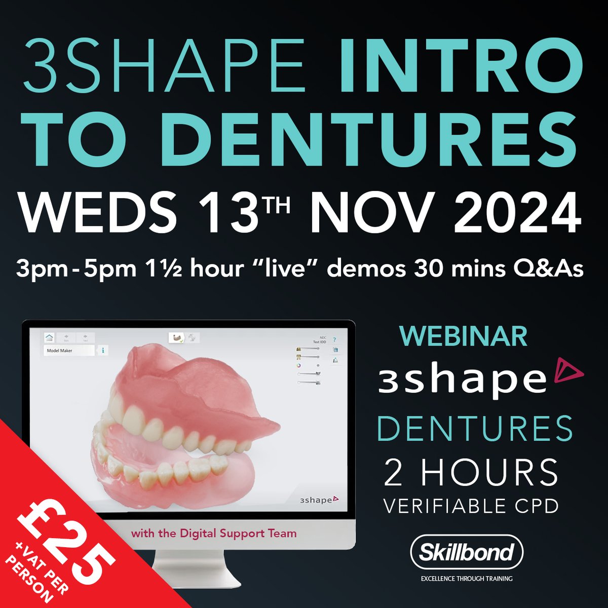 Join us at 3pm on 13/11/2024 - an intro to 3Shape Dentures.
We'll discuss and explain scanning and designing in 3Shape software, along with some basic materials overviews, tips &amp; tricks and an explanation of the digital workflow. This will be followed by 30-minutes of Q&amp;A.