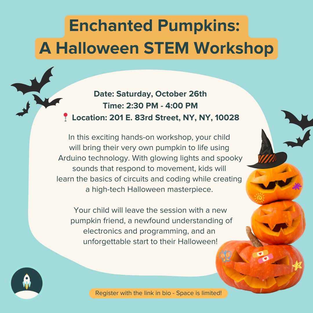 thecodingspace's tweet image. On 10/26 The Coding Space will run an Enchanted Pumpkins STEM Workshop for kids ages 8-13. Your child will have an unforgettable experience bringing pumpkins to life with Arduino technology, creating a high-tech Halloween masterpiece. Space is limited!
l8r.it/4zcY