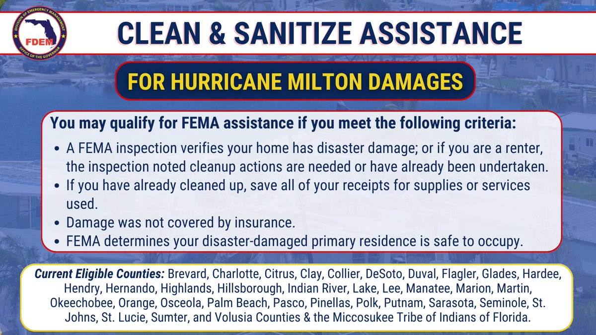 FLSERT's tweet photo. If your home was damaged by #Milton but you can live in it safely, FEMA may be able to provide up to $300 in one-time financial assistance to help with cleanup.

This assistance is for eligible homeowners &amp; renters.

Apply online at https://t.co/JWw9tMzcs2 or call 800-621-3362. https://t.co/eaCjoQx9ax