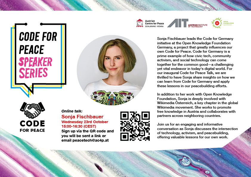 🚀 Join us for the first Code for Peace Speaker Series on Oct 23rd at 15:00 (CEST)! 🎙 Special guest: <a href="/sonkiki/">sonkiki</a>, Chair of <a href="/WikimediaAT/">Wikimedia Österreich</a> &amp; Lead of <a href="/codeforde/">codeforde</a>.

Let’s talk tech for good, open source, and peacebuilding. 💡

🌟 Sign up now: forms.gle/qV9wFBspXVjP7A… #CodeForPeace