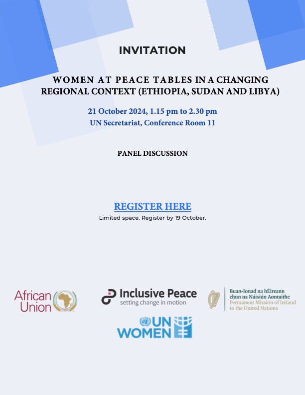Inclusive Peace (@inclusivepeace) on Twitter photo Join us for a discussion on the critical role of women in peacemaking in the African context at #WPSweek co-organised by <a href="/_AfricanUnion/">African Union</a>, <a href="/InclusivePeace/">Inclusive Peace</a>,<a href="/IrelandOSCE/">Permanent Mission of Ireland to the OSCE</a> , <a href="/UN_Women/">UN Women</a> & <a href="/Prosper4Africa/">ALN</a>
๐
21 October 2024
โฐ 1.15 pm โ 2.30 pm EST
๐ UN Secretariat, Conference Room 11 Join us for a discussion on the critical role of women in peacemaking in the African context at #WPSweek co-organised by <a href="/_AfricanUnion/">African Union</a>, <a href="/InclusivePeace/">Inclusive Peace</a>,<a href="/IrelandOSCE/">Permanent Mission of Ireland to the OSCE</a> , <a href="/UN_Women/">UN Women</a> & <a href="/Prosper4Africa/">ALN</a>
๐
21 October 2024
โฐ 1.15 pm โ 2.30 pm EST
๐ UN Secretariat, Conference Room 11