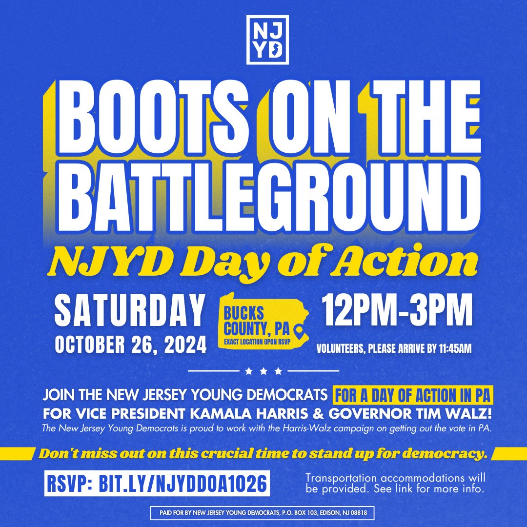 NJYoungDems's tweet photo. We have a big day of action planned for Saturday, October 26th to get out the vote for the Harris-Walz campaign in PA!

Please join us for this very important day of action. RSVP by Friday, October 18th here: https://t.co/FODG1YkW7A https://t.co/OBups6fKXJ