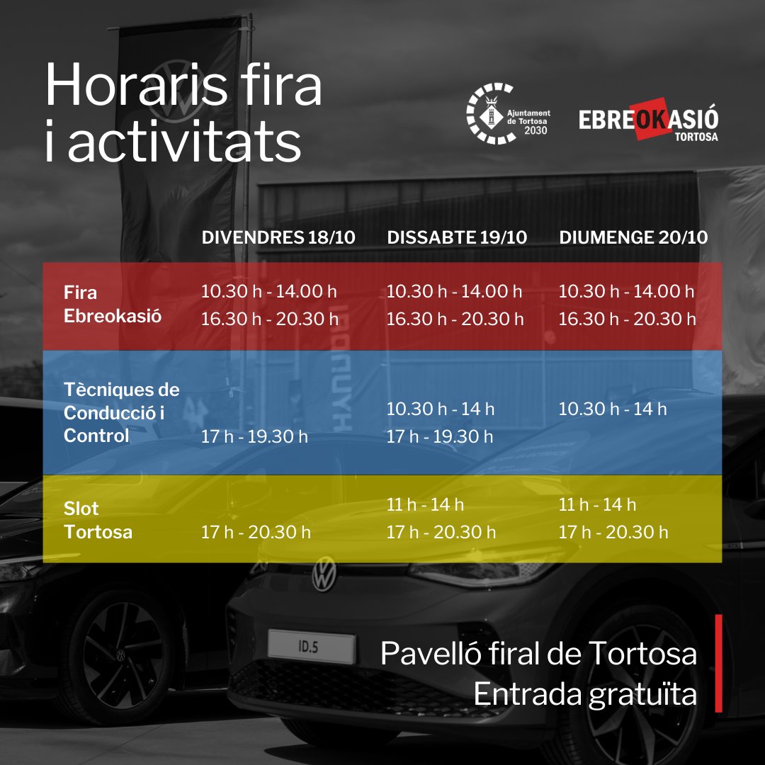 📢 Aquest divendres, 18 d'octubre, arranca la Fira Ebreokasió al pavelló firal de Tortosa! 🚘

Compartim els horaris de la fira i les activitats que es duran a terme durant el cap de setmana de la mà de: @tccsl_oficial i @slot_tortosa

#ebreokasió #tortosa #terresdelebre