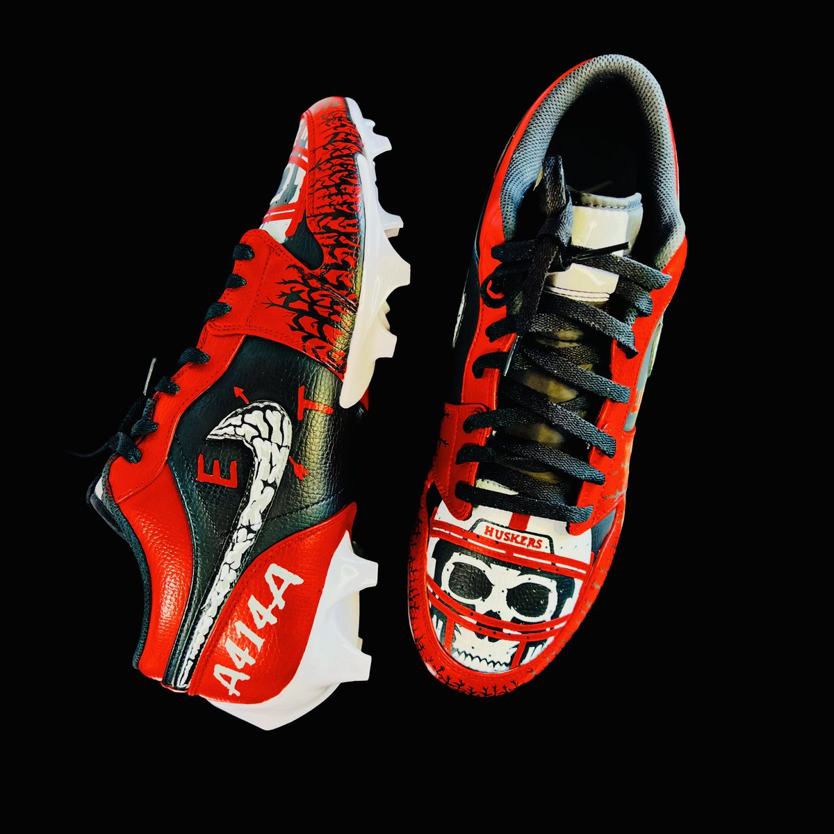 From Westside to Big Red pride!  Custom cleats for <a href="/HuskerFootball/">Nebraska Football</a> commit and future Blackshirt, Christian Jones 🏴‍☠️  #A414A #nebpreps
