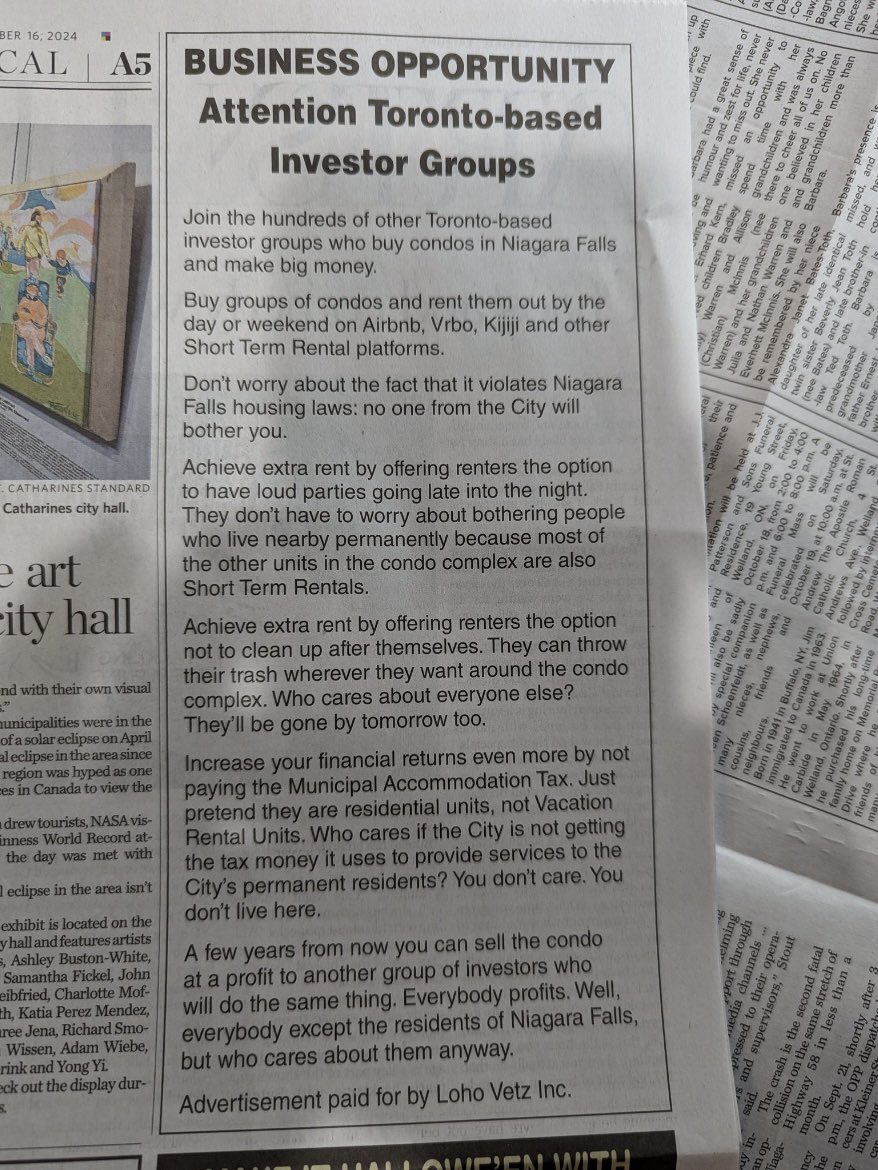 A local business man paid for this Ad in our local newspaper openly mocking real estate investors in Canada.  
  
Well done!