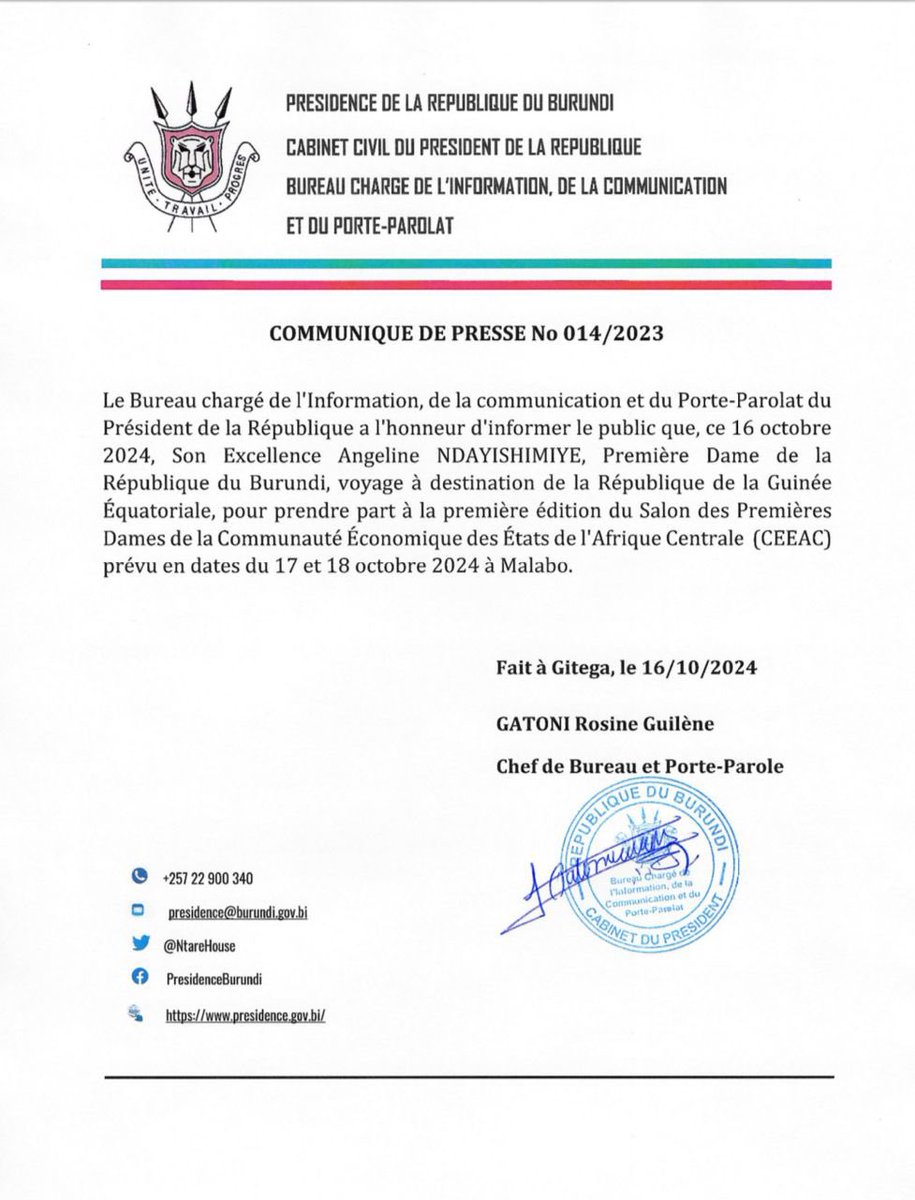 elicomag's tweet image. La @Burundi1stLady S.E. #Angeline Ndayishimiye a pris l'avion à destination de la Guinée Equatoriale où elle prendra part à la 1ère édition du Salon des Premières Dames de la #CEEAC selon un communiqué du porte-parolat et de la communication  de S.E @GeneralNeva de ce 16/10/2024