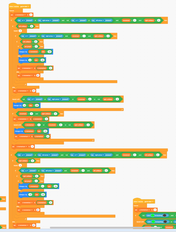 I finally added walking momentum to Mr. Legstrong, so now the one simplest piece of script that I used to show people how I coded the game is now one of the most complicated parts. This picture is only like 3/4 of the script btw