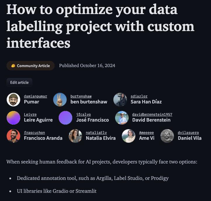 Last week we built a few custom data labelling interfaces with <a href="/argilla_io/">Argilla</a> and shared them in this blog post. Check it out if you're building LLM applications for tasks likes: code review, image preferences, agent trace review, translation review, copy editing