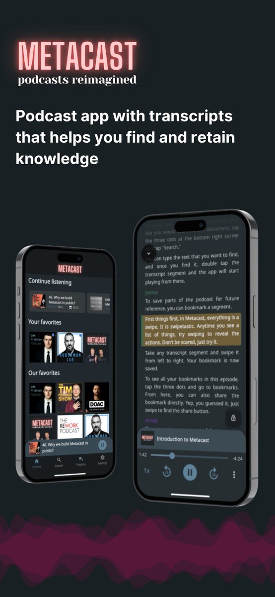 ilyabezdelev's tweet photo. We have launched Metacast #podcast app for iOS! The app comes transcripts for any episode ever published that you can read, skim, bookmark and share. Many more features are coming soon!  https://t.co/pxykNf1Cnv https://t.co/I1YC9HbL01