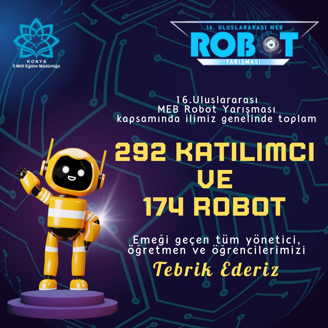 1⃣Bakanlığımız tarafından Erzurum'da düzenlenmekte olan 16. Uluslararası MEB Robot Yarışmasında Konya, ortaokul ve liselerimizden toplam 292 katılımcı ve 174 robotla en çok katılım sağlayan il olmuştur.