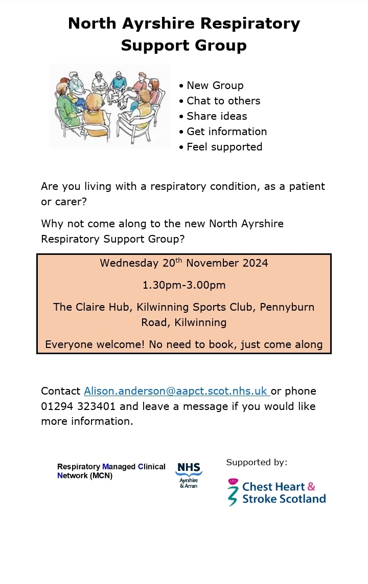 🫁 Living with a Respiratory condition? 🫁
Please read to find information below about the NEW Respiratory Support Group meeting in Kilwinning next month. All welcome. ↘️
#peersupport #respiratorysupport #Kilwinning <a href="/NAHSCP/">North Ayrshire HSCP</a> <a href="/NHSaaa/">NHS Ayrshire & Arran</a> <a href="/KilwinningSC/">KilwinningSportsClub</a> <a href="/KilwinningCC/">Kilwinning Community Council</a>