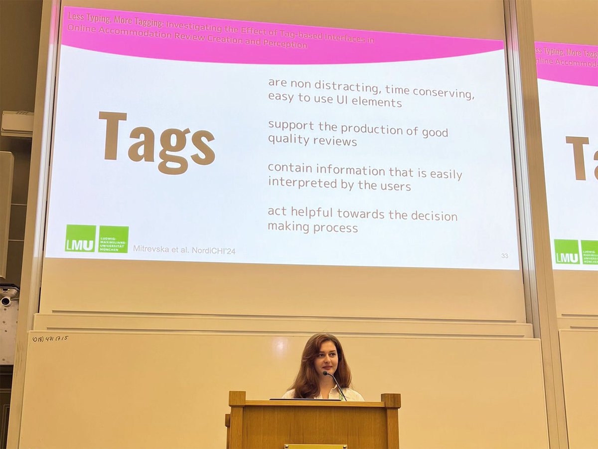 At #NordiCHI2024, <a href="/teodoramit/">Teodora Mitrevska</a> just presented "Less Typing, More Tagging: Investigating Tag-based Interfaces in Online Accommodation Review Creation and Perception“ tags are beneficial for the review quality. <a href="/svenmayerhci/">Sven Mayer</a> @CSchneegass see the full paper at doi.org/10.1145/367931…