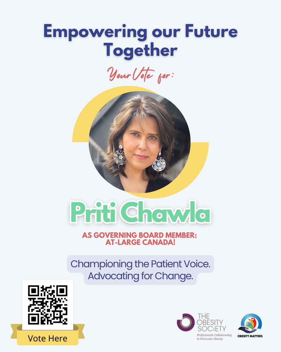 Honored to be nominated for <a href="/ObesitySociety/">The Obesity Society</a>’s Governing Board Member: At-large Canada! Your vote can help drive real change and amplify the patient voice. Let’s break barriers and advocate for #healthequity 💪✨ <a href="/ObesityMatters/">Obesity Matters</a> 

🗳️ Vote here: obesitysociety.simplyvoting.com/vote.php?mode=…