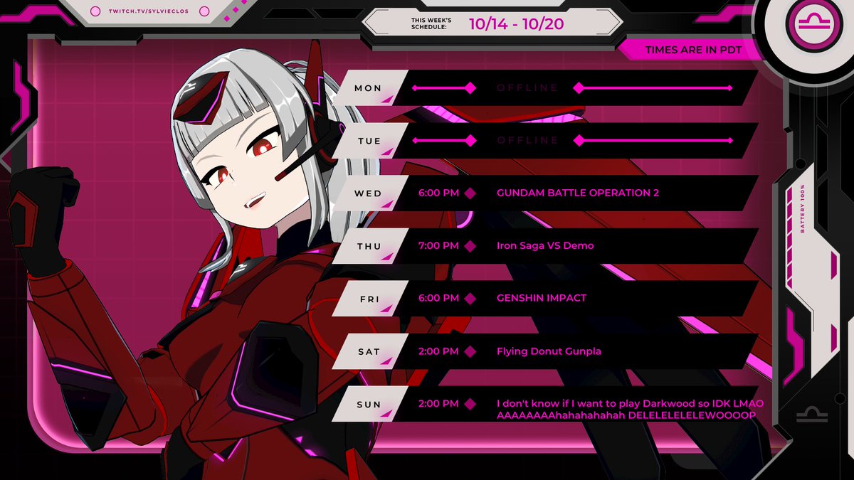 SylvieClosVT's tweet photo. The Schedule is updated for the week!
There's a demo for IRON SAGA out and we're gonna play that tomorrow!
Gonna catch up with the genshin Story on Friday.
idk if I'm gonna play Darkwood lmao https://t.co/4RqRuuhWng
