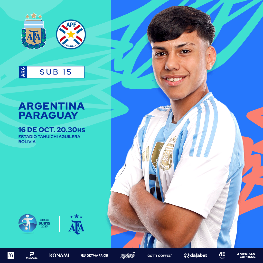 🏆 CONMEBOL #Sub15 2023 
🗓️ Semifinal
⚽️ <a href="/Argentina/">🇦🇷 Selección Argentina ⭐⭐⭐</a> 🇦🇷🆚 #Paraguay 🇵🇾
🕚 20.30
👨‍⚖️ José Ortiz 🇨🇴
🏟️ Estadio Tahuichi Aguilera
📍 Santa Cruz de la Sierra, Bolivia
📺 <a href="/DSports/">DSPORTS</a>