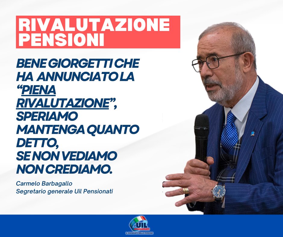 Barbagallo: Bene #Giorgetti su #rivalutazione pensioni. Ci auguriamo che mantenga quanto annunciato. Se non vediamo non crediamo, speriamo  che sia chiaro al #Governo che la rivalutazione non è un aumento, ma un parziale adeguamento all’inflazione
uilpensionati.it/news/rivalutaz…