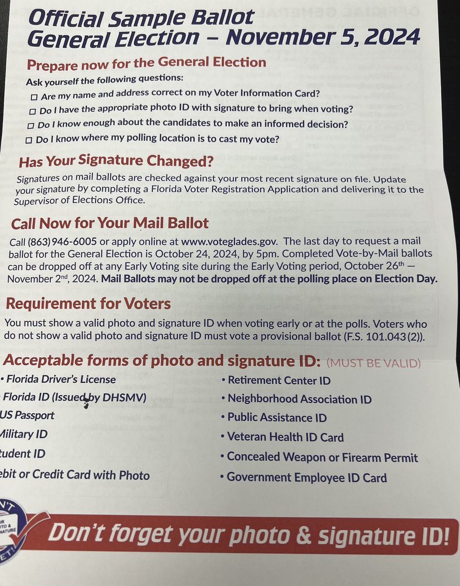 voteglades's tweet photo. Your sample ballot should have been in your mail yesterday. Please look at it and be prepared when you come to vote. You can bring your sample ballot to the polls, just please take it with you when you leave the polls. 🇺🇸🇺🇸 https://t.co/UhxJXOloKa