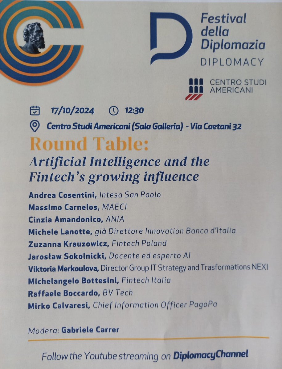 L’Ambasciata di Polonia 🇵🇱 invita a seguire la conferenza  “Artificial Intelligence and the Fintech’s growing influence” con la partecipazione di esperti polacchi 🇵🇱

🇮🇹 #Roma, 17 ottobre ⬇️