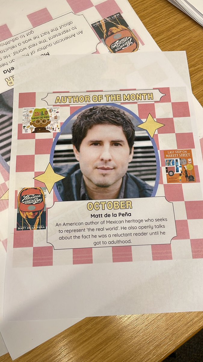 Alice Reedy (@reedyreading) on Twitter photo After a few colour printing issues I have finally managed to get my #UEL #PrimaryPGCE Author of the Month posters printed. This month it is the turn of <a href="/mattdelapena/">Matt de la Pena</a>. An author whose work I always use in my teaching- I’ve already lent some of my copies to eager students! #author After a few colour printing issues I have finally managed to get my #UEL #PrimaryPGCE Author of the Month posters printed. This month it is the turn of <a href="/mattdelapena/">Matt de la Pena</a>. An author whose work I always use in my teaching- I’ve already lent some of my copies to eager students! #author
