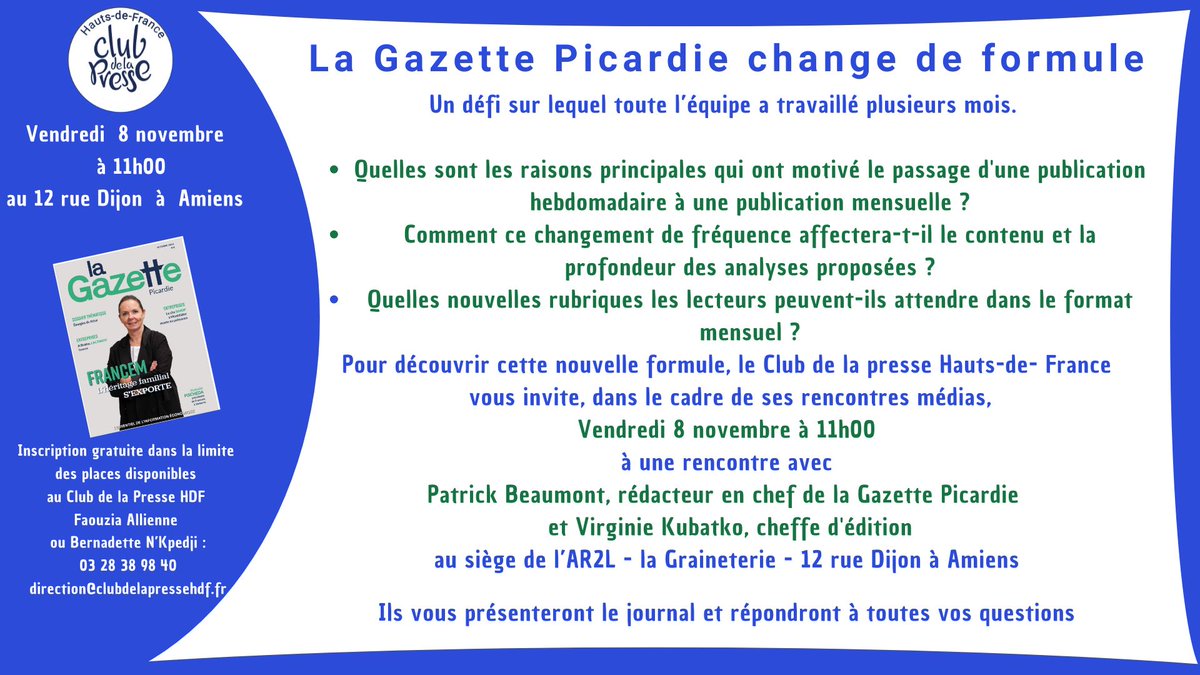 ➡ Le <a href="/ClubPresseHDF/">Club Presse HDF</a>  vous propose, dans le cadre de ses Rencontres Médias, un échange avec Patrick Beaumont et Virginie Kubatko, respectivement, rédacteur en chef et cheffe d'édition de La Gazette Picardie, le 08/11/2024 au siège de 𝐥’𝐀𝐑𝟐𝐋 - 𝐥𝐚 𝐆𝐫𝐚𝐢𝐧𝐞𝐭𝐞𝐫𝐢𝐞