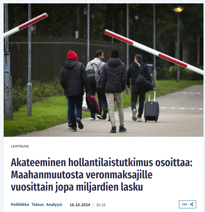 Samuli_Salminen's tweet photo. Akateeminen hollantilaistutkimus osoittaa: Maahanmuutosta veronmaksajille vuosittain jopa miljardien lasku

🔹Etenkin Pohjois-Afrikasta ja Lähi-idästä tulevien nettovaikutus negatiivinen.
🔹Maahanmuuton kulut 3,8 prosenttia bruttokansantuotteesta.
🔹Yksi somali maksaa yhteiskunnalle lähes miljoona euroa.
🔹Maahanmuuton vaikutus: väestö kasvaa, mutta verotulot per asukas eivät.
🔹Heikko pärjääminen jatkuu sukupolvesta toiseen.

https://t.co/QdTxfbgmCL