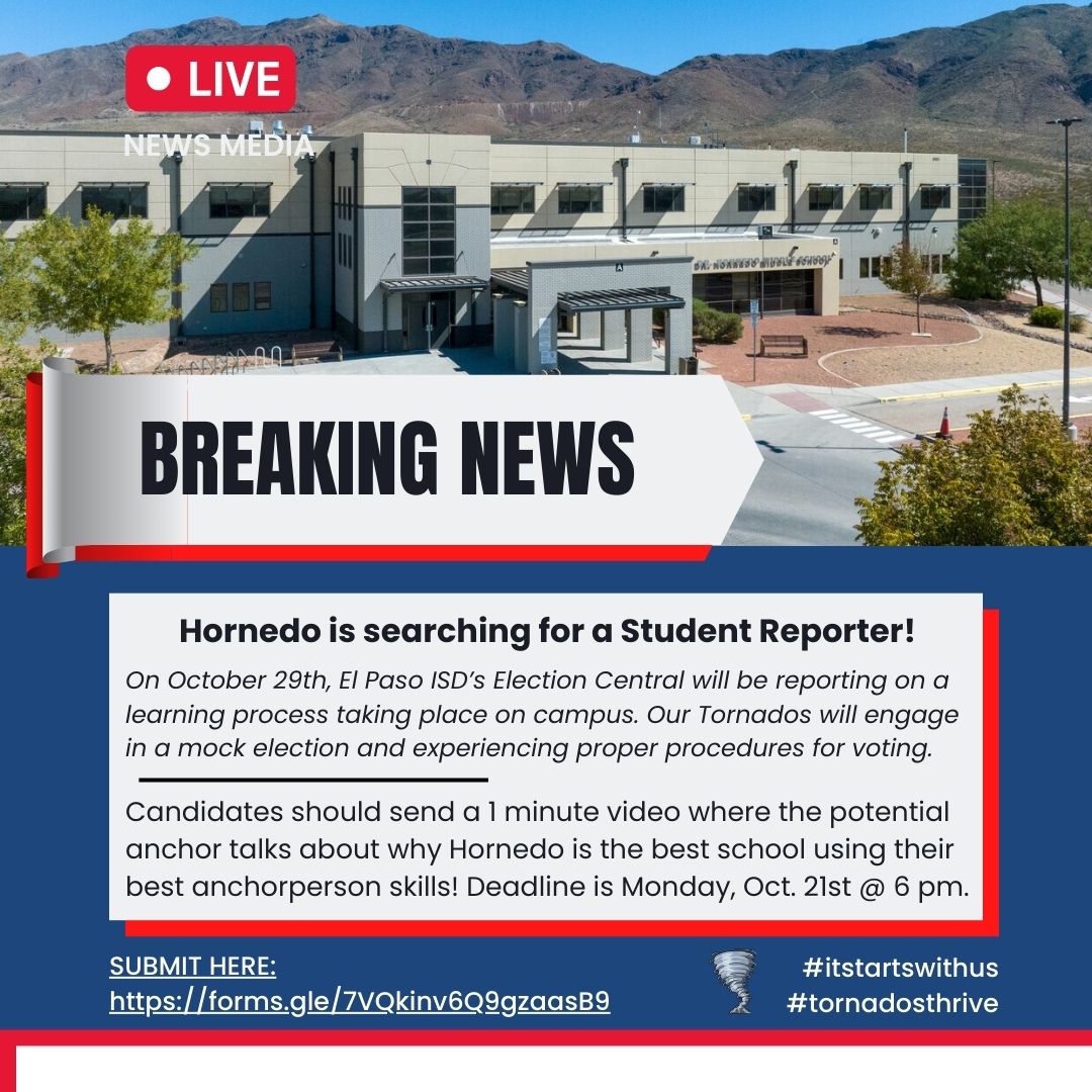We encourage all Tornados to apply for the position of Hornedo Student Reporter! Here is the submit link for applicants: forms.gle/7VQkinv6Q9gzaa…