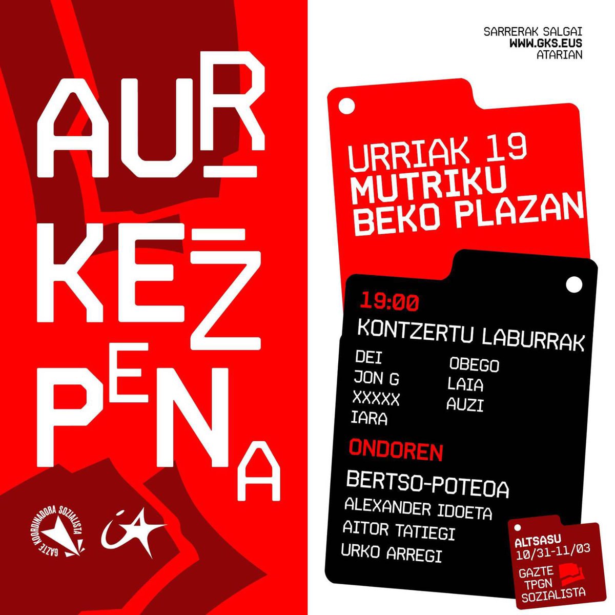 GKS_LeaArtibai's tweet photo. Altsasun egingo den Gazte Topagune Sozialista dela eta zapatu honetan Mutrikun egongo gara hau aurkezten. 
Animatu eta hurbildu!

📅 urriak 19
📍Beko Plazan
🕤 19.00 https://t.co/fwN0WESnUZ