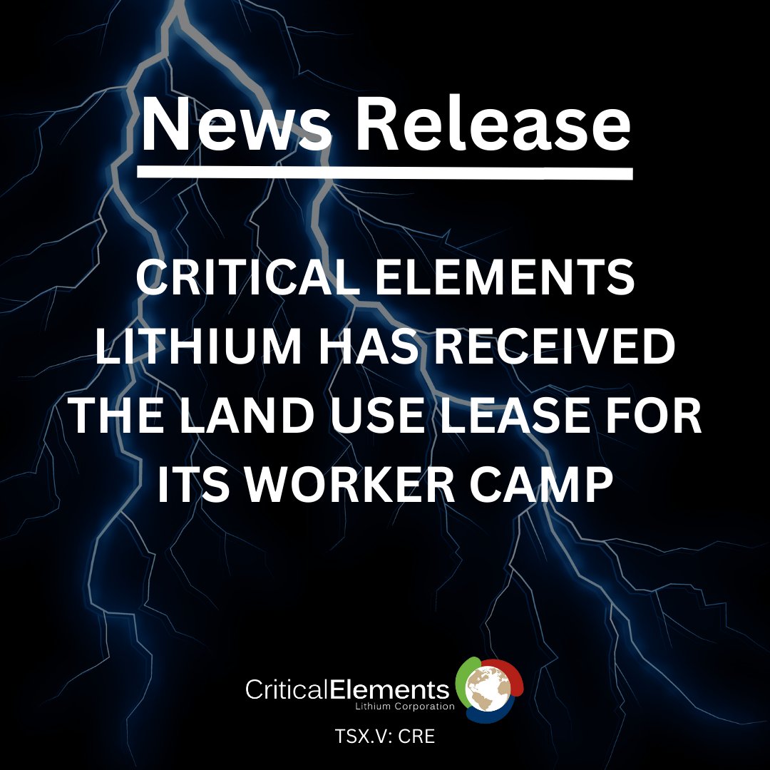 News Release:

CRITICAL ELEMENTS LITHIUM HAS RECEIVED THE LAND USE LEASE FOR ITS WORKER CAMP

cecorp.ca/en/critical-el…

#miningnews #lithium #criticalmetals #criticalelements #Quebec #LithiumCharged $CRE.V