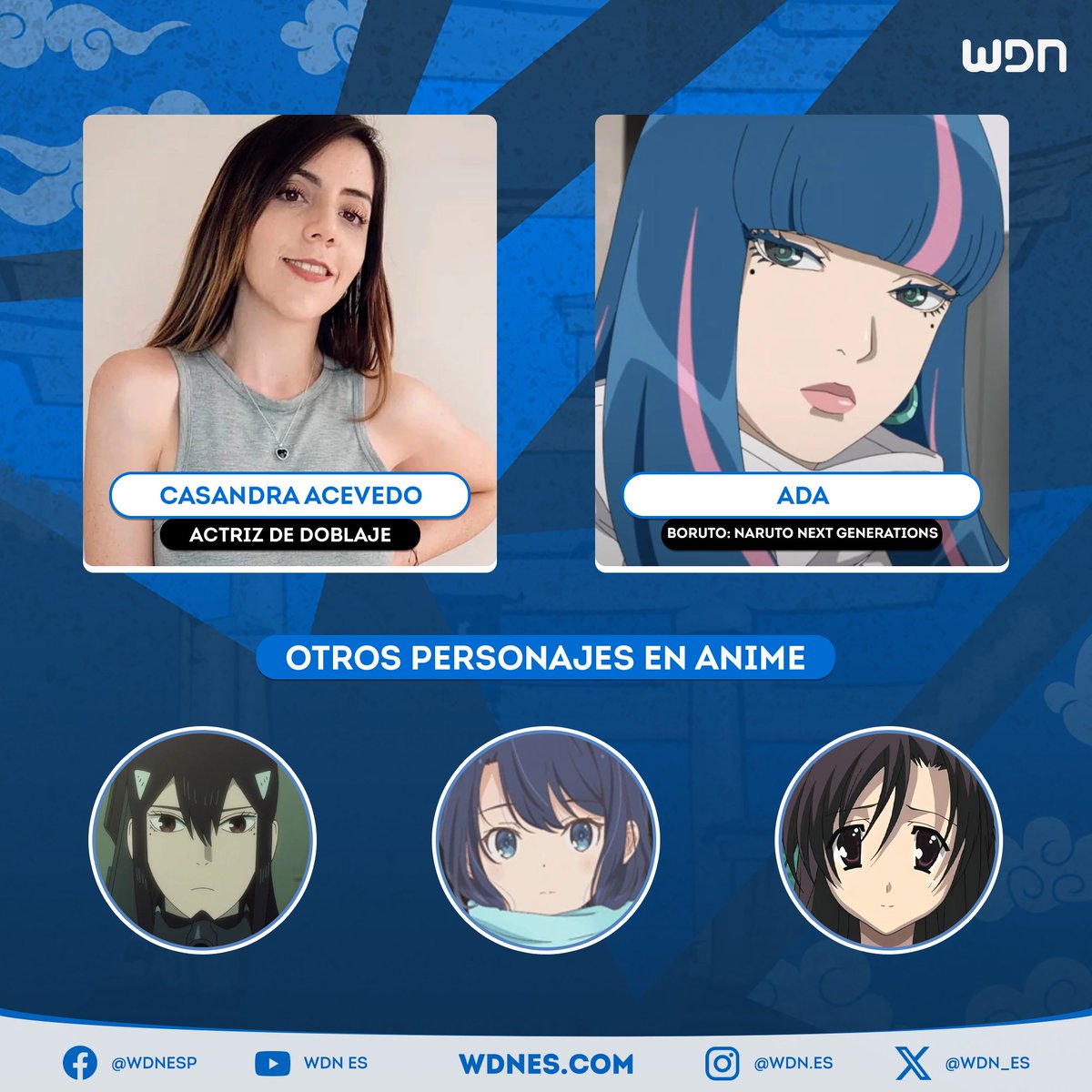 wdn_es's tweet photo. 🎙️ | Doblaje
La actriz Casandra Acevedo se une al elenco de "Boruto: Naruto Next Generations" interpretando a Ada. #BORUTO https://t.co/NKtfZhTPrf
