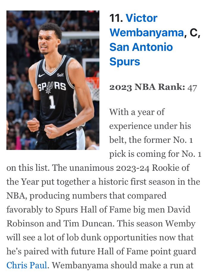 Wemby_Muse's tweet photo. Wemby comes in at 11th on ESPN’s Top 100 Rank list for 2024-25.

He ranks just ahead of Jalen Brunson and Anthony Davis.

Too high, too low, or just right? https://t.co/BHIPE6XZ1g