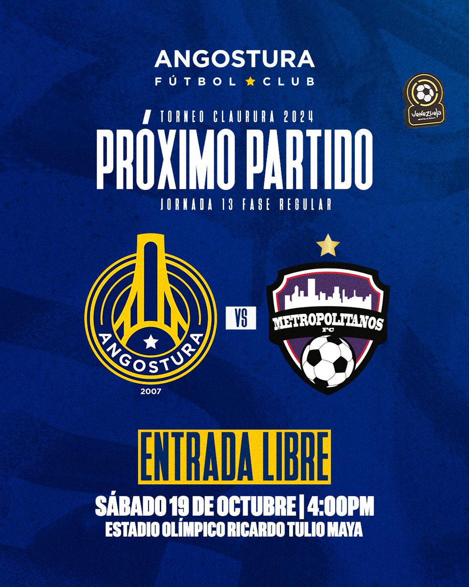 Angostura Fútbol Club (@tuangosturafc) on Twitter photo 𝘗𝘙𝘖́𝘟𝘐𝘔𝘖 𝘗𝘈𝘙𝘛𝘐𝘋𝘖 | J13 TORNEO CLAUSURA FR.
🏟️ Estadio Olímpico Ricardo Tulio Maya.
🆚 <a href="/Metropolitanos_/">Metropolitanos Fútbol Club</a>
⌚️ 4:00 PM
🗓️ Sábado 19/10
Síguenos a través de nuestras redes sociales:
Tiktok: angostura_fc
Facebook: Tu Angostura Fc
#venezuelaesfutve
#nuestroequipoerestu 𝘗𝘙𝘖́𝘟𝘐𝘔𝘖 𝘗𝘈𝘙𝘛𝘐𝘋𝘖 | J13 TORNEO CLAUSURA FR.
🏟️ Estadio Olímpico Ricardo Tulio Maya.
🆚 <a href="/Metropolitanos_/">Metropolitanos Fútbol Club</a>
⌚️ 4:00 PM
🗓️ Sábado 19/10
Síguenos a través de nuestras redes sociales:
Tiktok: angostura_fc
Facebook: Tu Angostura Fc
#venezuelaesfutve
#nuestroequipoerestu