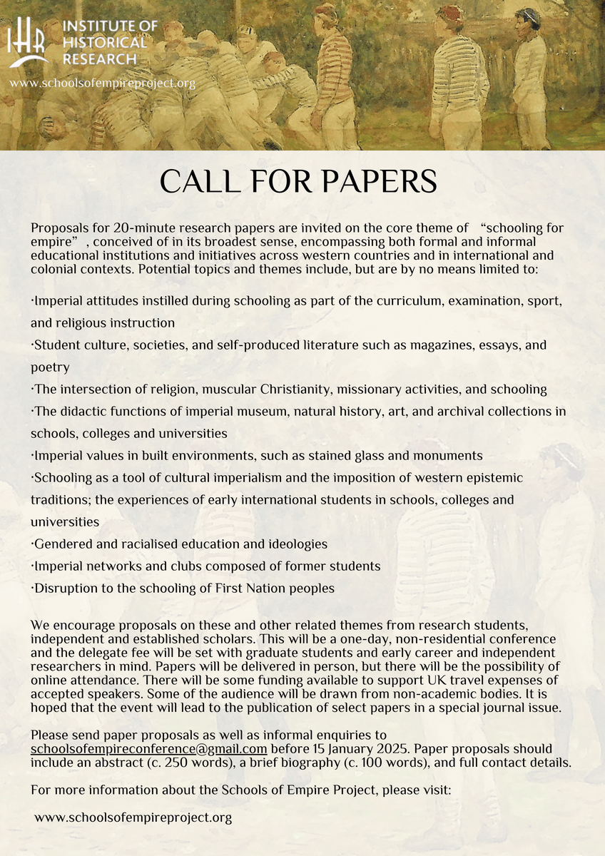 Schools of Empire Project (@schoolsofempire) on Twitter photo We are delighted to share the Call for Papers for the conference: 'Schooling for Empire, c.1750-c.1945', in collaboration with <a href="/ihr_history/">Institute of Historical Research</a>. Keynotes: the wonderful Prof. Catherine Hall and poet John Agard. Deadline for proposals: 15 January. Please do share further! We are delighted to share the Call for Papers for the conference: 'Schooling for Empire, c.1750-c.1945', in collaboration with <a href="/ihr_history/">Institute of Historical Research</a>. Keynotes: the wonderful Prof. Catherine Hall and poet John Agard. Deadline for proposals: 15 January. Please do share further!