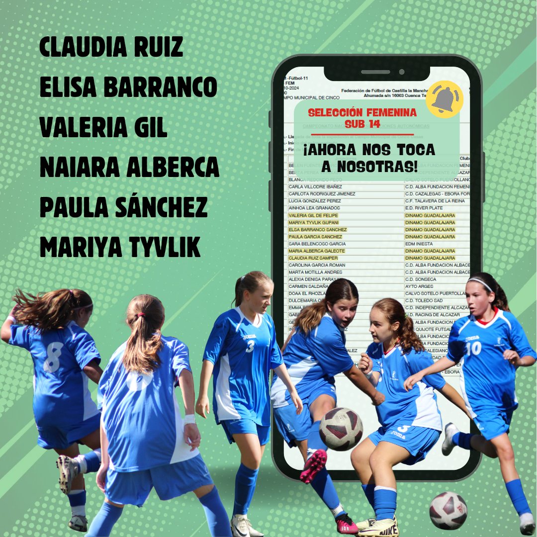 DinamoGOficial's tweet photo. 📢 ¡NOS TOCA A NOSOTRAS! ⚽🏃🏼‍♀️ 

🏆 Selección Sub 14 Femenina @FFCM_es

6️⃣ Jugadoras de nuestro Infantil Femenino son elegidas por @alex_lozano1 para participar en el entrenamiento de esta tarde.

¡Toca disfrutar! 💚🖤
¡Enhorabuena a todas! 

#futfem #futfemCLM #futfemguada https://t.co/6j69QFlmJ2