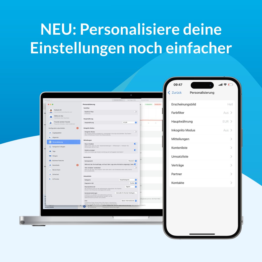 Mit Update 3.15.3 haben wir die #Personalisierungseinstellungen überarbeitet - jetzt ist es noch einfacher alles nach deinem Geschmack einzurichten. 

Hier erfährst du mehr:
👉 outbankapp.com/outbank-person…

#outbankapp #finanzapp #finanzenimgriff #zeroknowledge #multibanking  #update