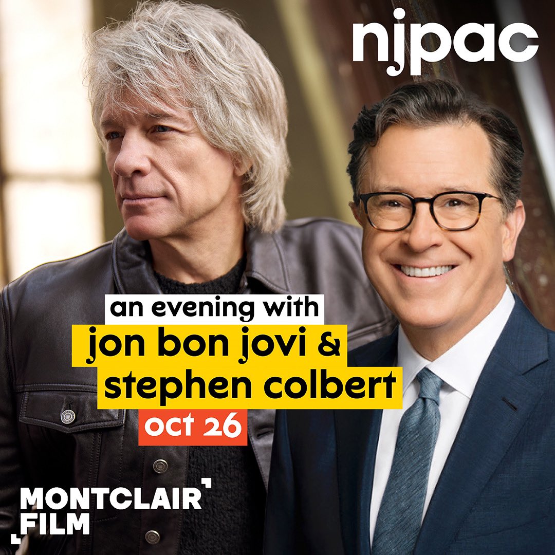 Next Saturday 10/26, @JonBonJovi takes the hot seat with <a href="/StephenAtHome/">Stephen Colbert</a> on our stage! This is sure to be an unforgettable evening. Get tickets for this event, in partnership with <a href="/MontclairFilm/">Montclair Film</a>, today! Bit.ly/njpacbonjovi